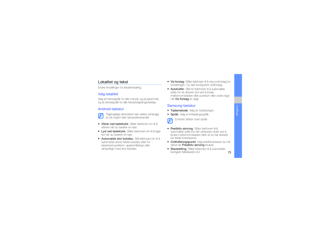 Samsung GT-I5700HKAXEE, GT-I5700UWAXEE manual Lokalitet og tekst, Velg lokalitet, Android-tastatur, Samsung-tastatur 