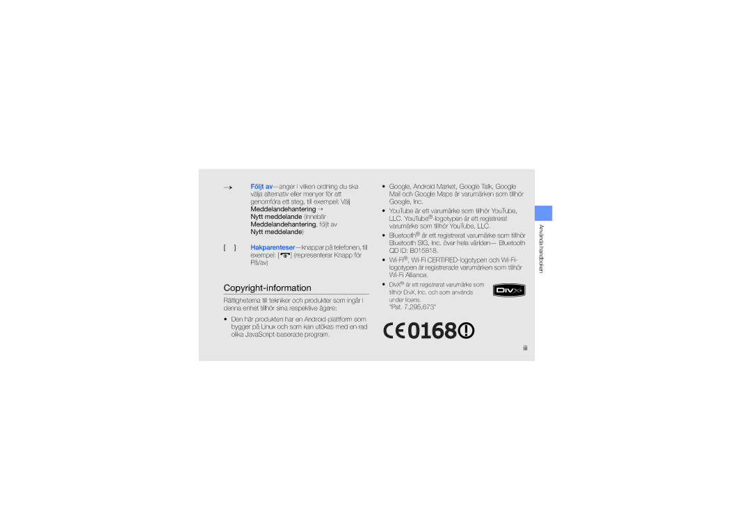 Samsung GT-I5700HKAXEE, GT-I5700UWAXEE manual Copyright-information, Pat ,295,673 Iii 