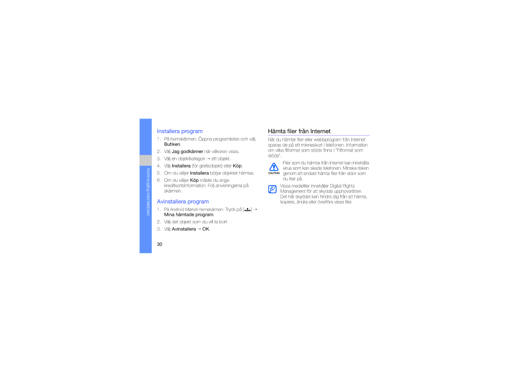 Samsung GT-I5700UWAXEE, GT-I5700HKAXEE manual Hämta filer från Internet, Installera program, Avinstallera program 