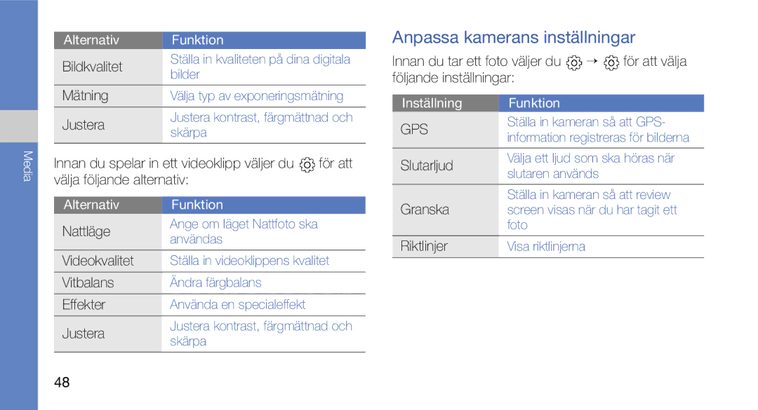 Samsung GT-I5700UWAXEE, GT-I5700HKAXEE manual Anpassa kamerans inställningar, Nattläge, Videokvalitet, Justera, Riktlinjer 