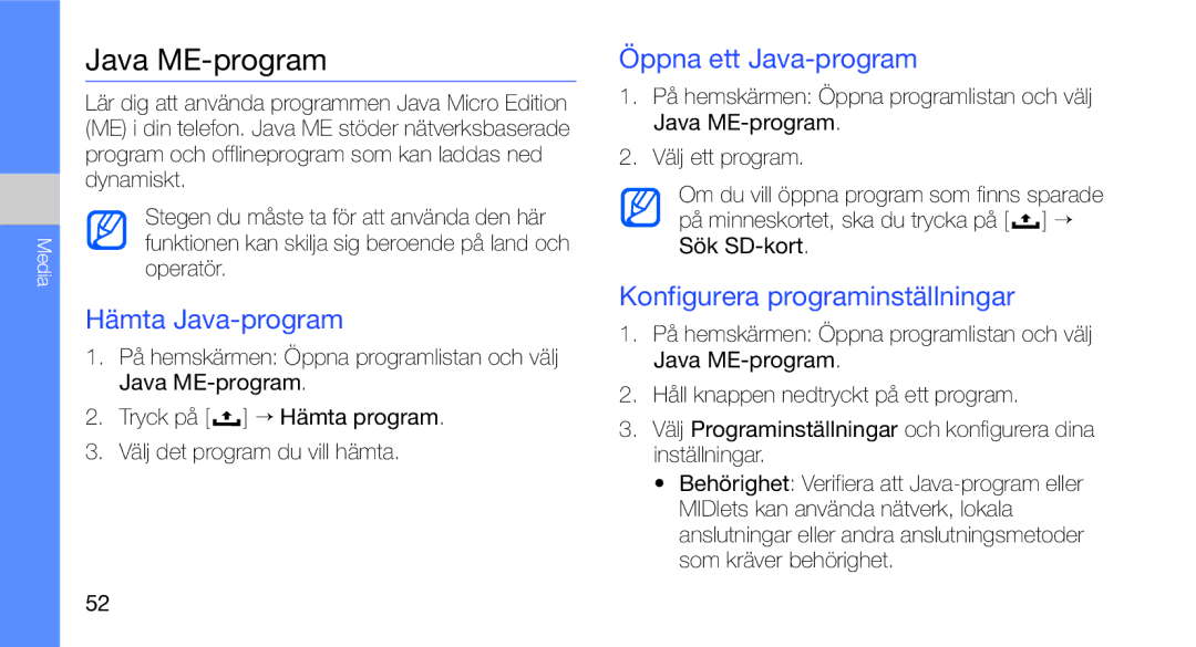 Samsung GT-I5700UWAXEE manual Java ME-program, Hämta Java-program, Öppna ett Java-program, Konfigurera programinställningar 