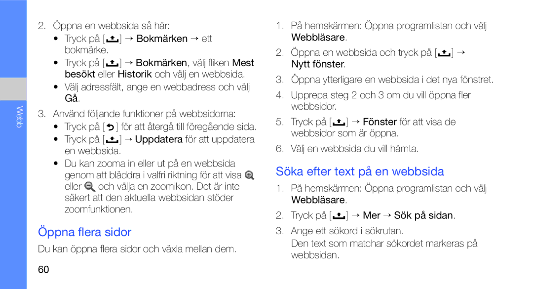 Samsung GT-I5700UWAXEE, GT-I5700HKAXEE manual Öppna flera sidor, Söka efter text på en webbsida 