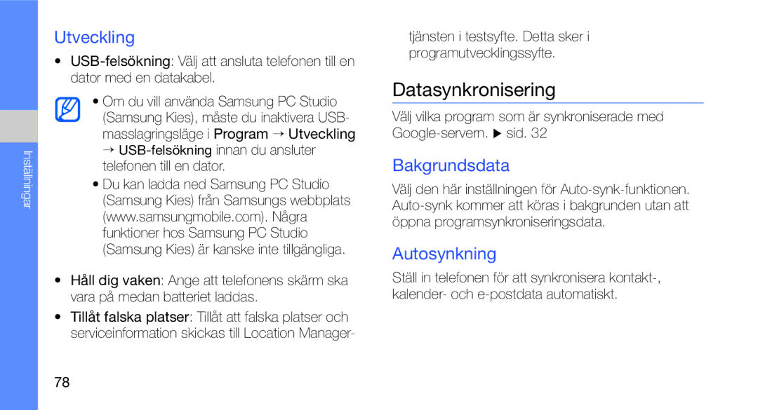 Samsung GT-I5700UWAXEE, GT-I5700HKAXEE manual Datasynkronisering, Utveckling, Bakgrundsdata, Autosynkning 