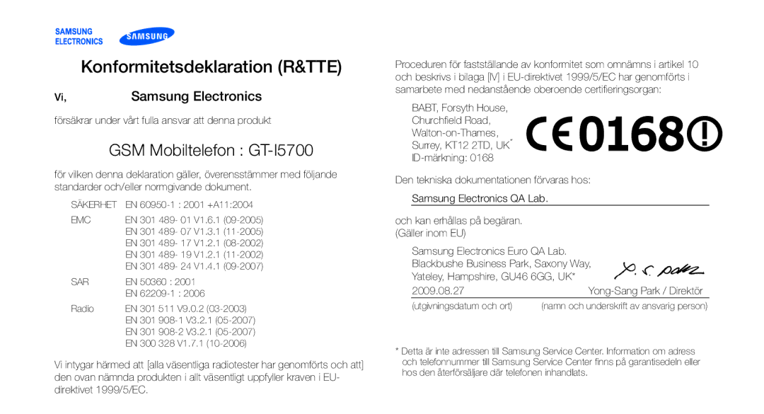 Samsung GT-I5700UWAXEE, GT-I5700HKAXEE manual Konformitetsdeklaration R&TTE 