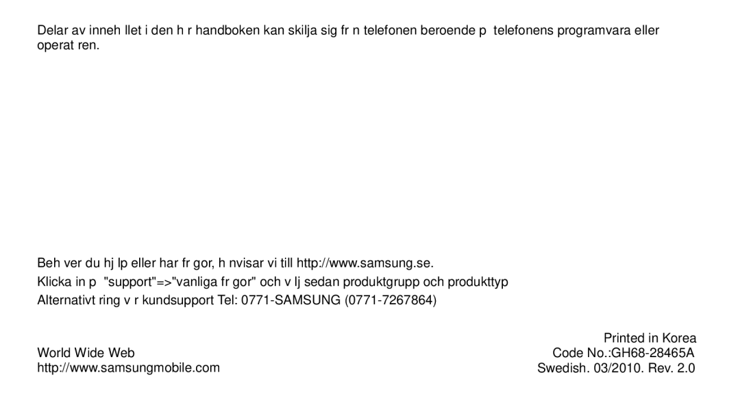 Samsung GT-I5700HKAXEE, GT-I5700UWAXEE manual Swedish /2010. Rev 