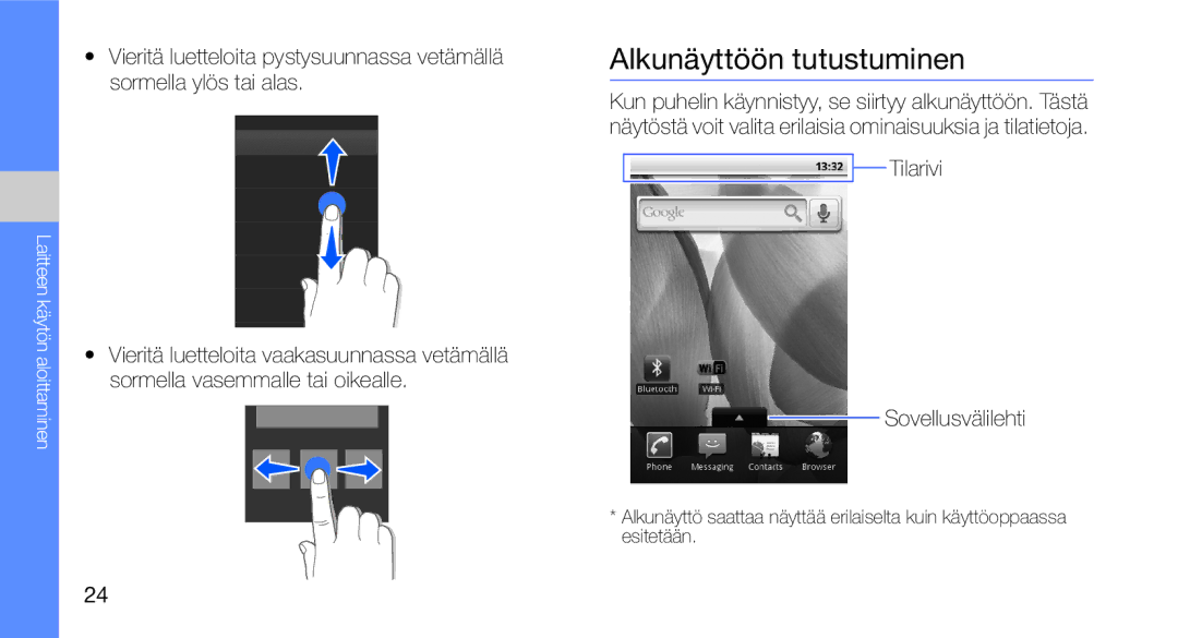 Samsung GT-I5700UWAXEE Alkunäyttöön tutustuminen, Vieritä luetteloita pystysuunnassa vetämällä, Sormella ylös tai alas 