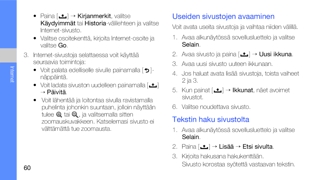 Samsung GT-I5700UWAXEE, GT-I5700HKAXEE manual Useiden sivustojen avaaminen, Tekstin haku sivustolta, → Päivitä 