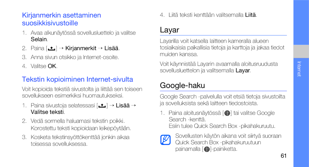 Samsung GT-I5700HKAXEE, GT-I5700UWAXEE manual Layar, Google-haku, Tekstin kopioiminen Internet-sivulta 