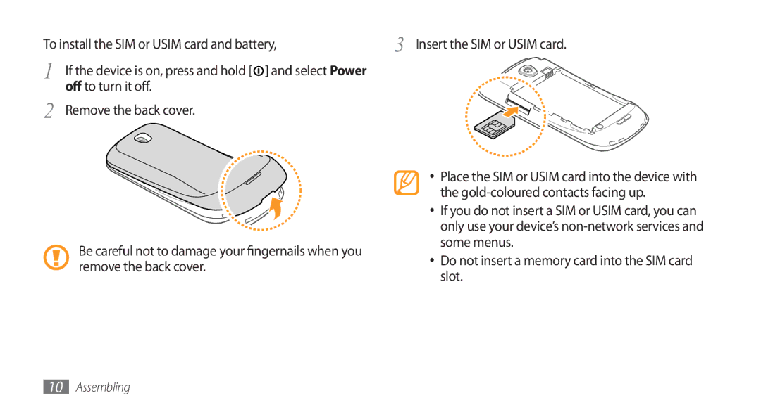 Samsung GT-I5800 user manual Off to turn it off Remove the back cover, Gold-coloured contacts facing up, Some menus, Slot 