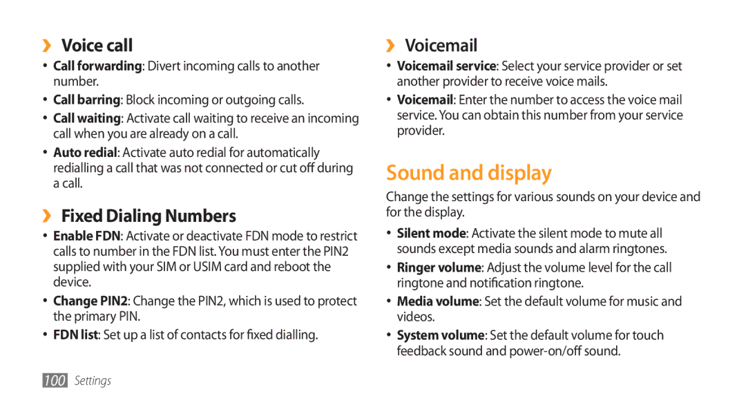 Samsung GT-I5800 user manual Sound and display, ›› Voice call, ›› Fixed Dialing Numbers, ›› Voicemail 