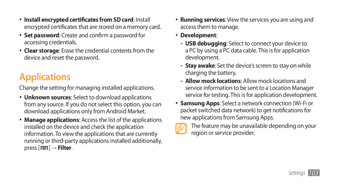 Samsung GT-I5800 user manual Applications, Development, Change the setting for managing installed applications 