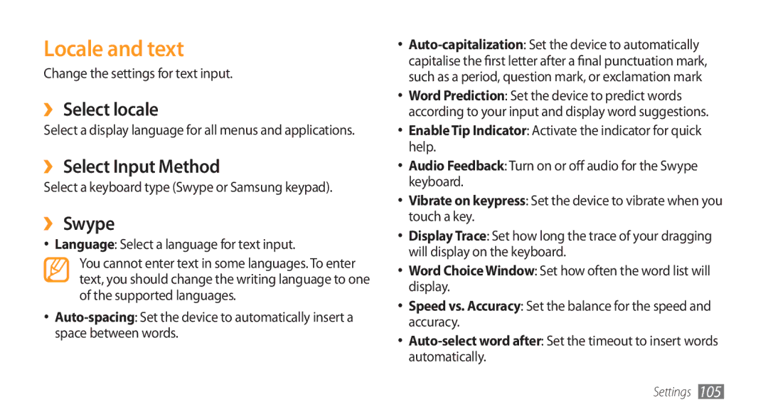 Samsung GT-I5800 user manual Locale and text, ›› Select locale, ›› Select Input Method, ›› Swype 