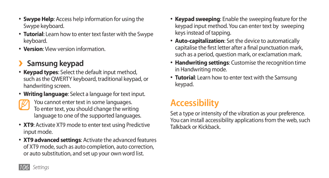 Samsung GT-I5800 user manual Accessibility, ›› Samsung keypad, Tutorial Learn how to enter text with the Samsung keypad 