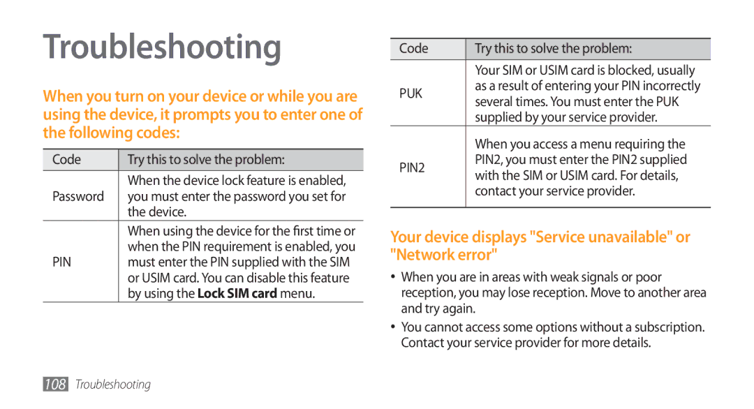 Samsung GT-I5800 user manual Troubleshooting, Your device displays Service unavailable or Network error 