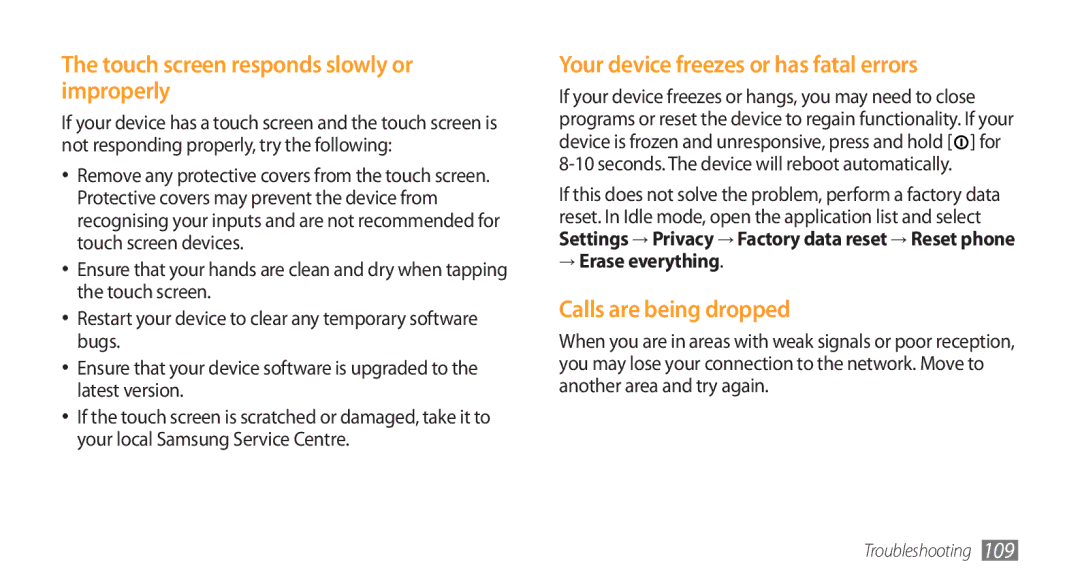 Samsung GT-I5800 Touch screen responds slowly or improperly, Your device freezes or has fatal errors, → Erase everything 