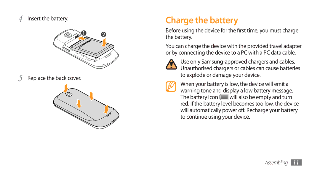 Samsung GT-I5800 user manual Charge the battery, Insert the battery Replace the back cover 