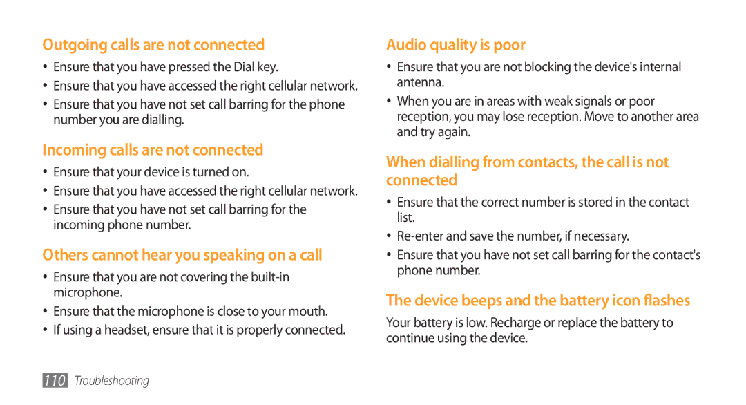 Samsung GT-I5800 user manual Outgoing calls are not connected, Incoming calls are not connected, Audio quality is poor 