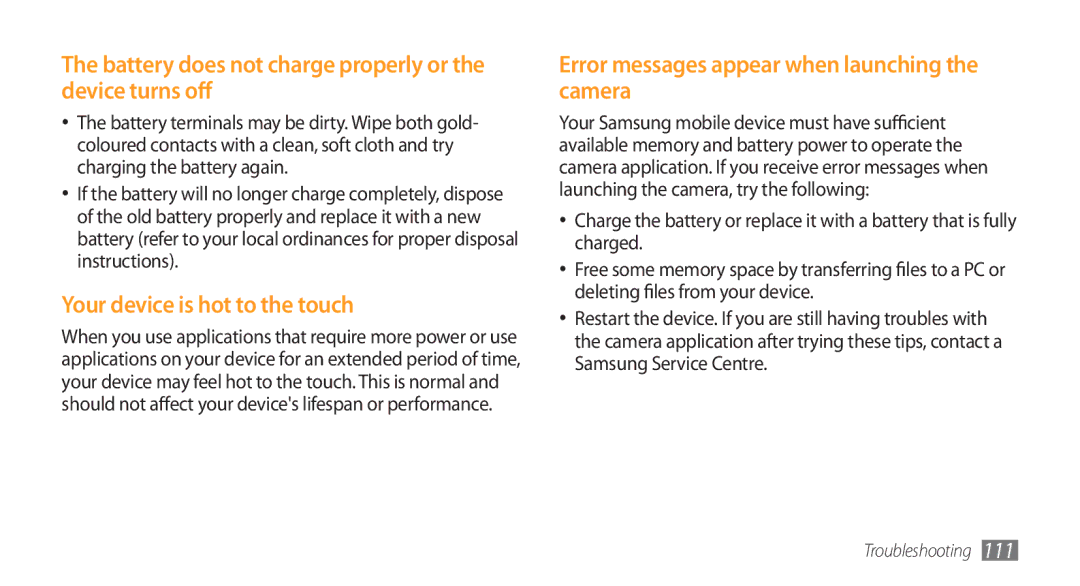 Samsung GT-I5800 user manual Battery does not charge properly or the device turns off, Your device is hot to the touch 