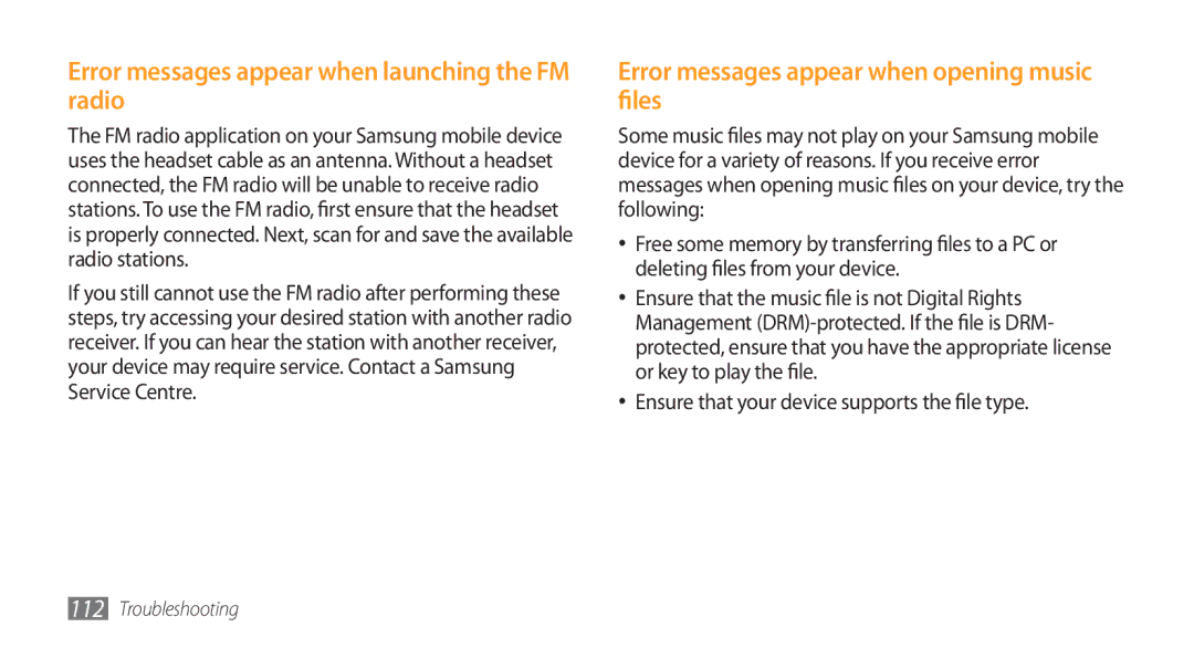 Samsung GT-I5800 Error messages appear when launching the FM radio, Error messages appear when opening music files 