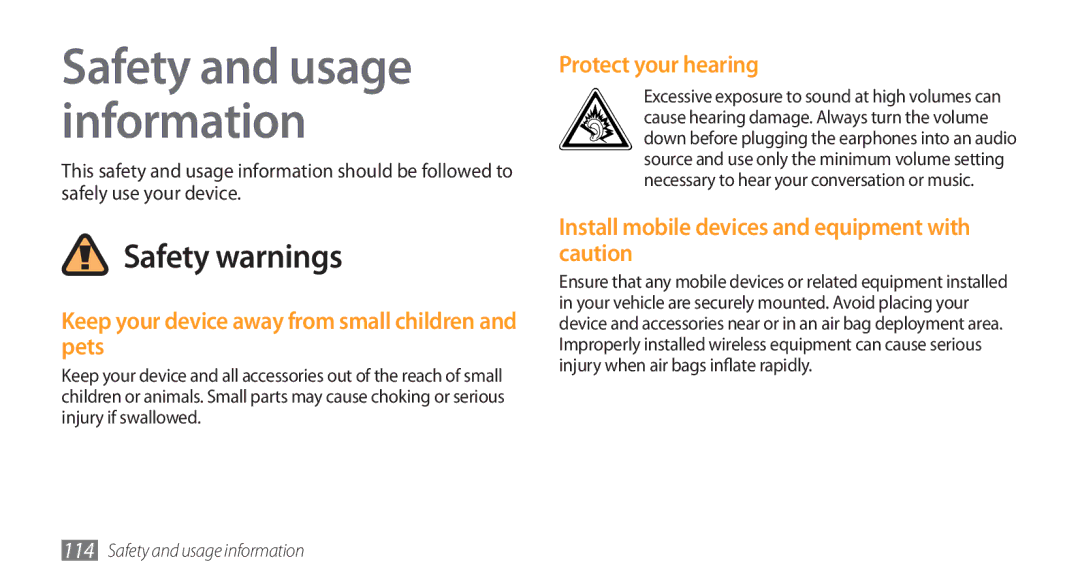 Samsung GT-I5800 user manual Keep your device away from small children and pets, Protect your hearing 