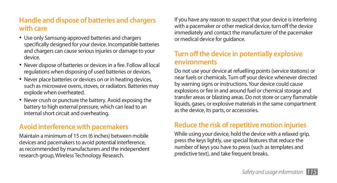 Samsung GT-I5800 user manual Handle and dispose of batteries and chargers with care, Avoid interference with pacemakers 