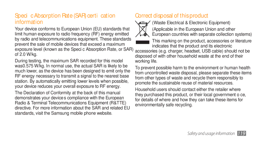 Samsung GT-I5800 user manual Specific Absorption Rate SAR certification information, Correct disposal of this product 