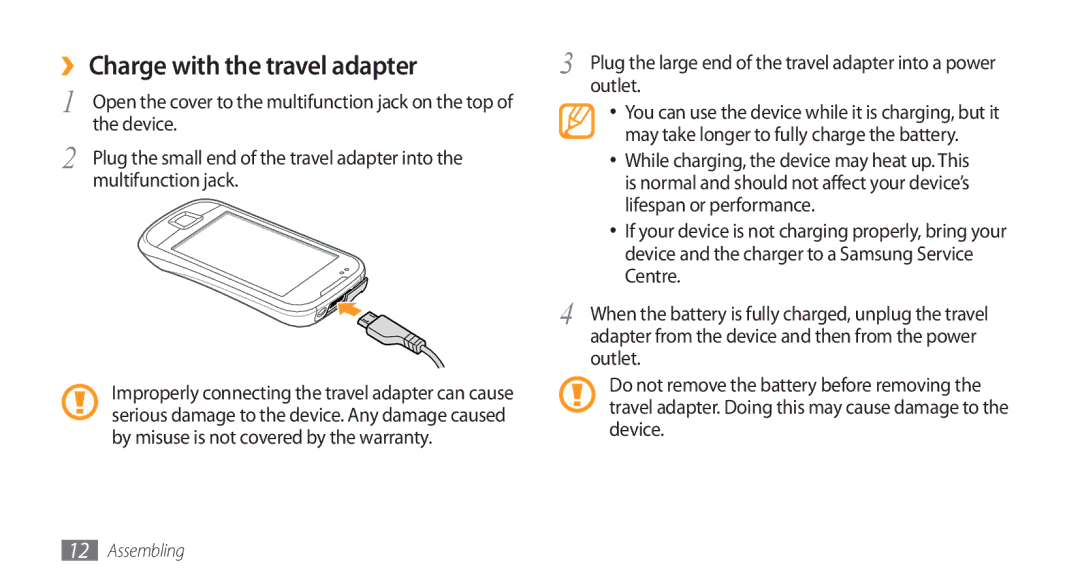 Samsung GT-I5800 user manual ›› Charge with the travel adapter, Device, Multifunction jack, Outlet 