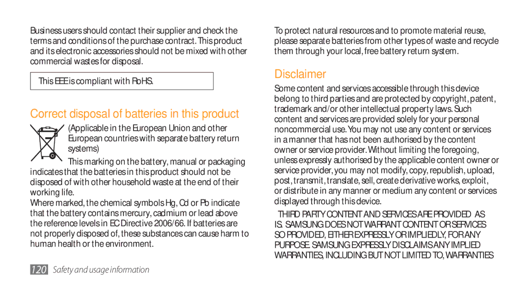 Samsung GT-I5800 user manual Disclaimer, This EEE is compliant with RoHS 