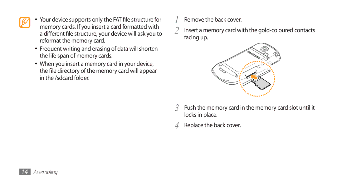 Samsung GT-I5800 user manual Facing up, Locks in place 