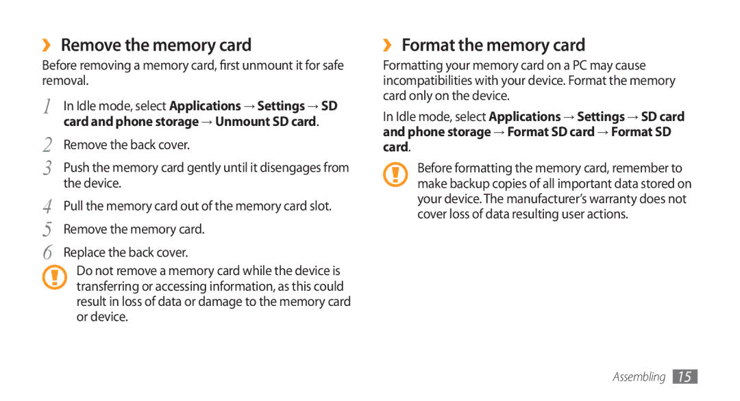 Samsung GT-I5800 user manual ›› Remove the memory card, ›› Format the memory card 