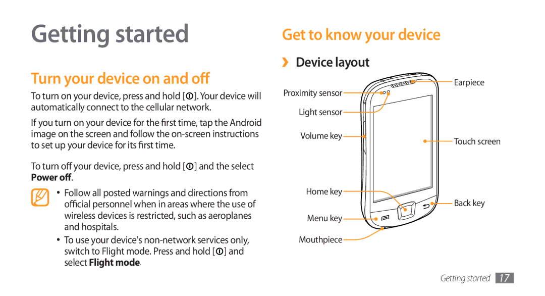 Samsung GT-I5800 user manual Getting started, Turn your device on and off, Get to know your device, ›› Device layout 