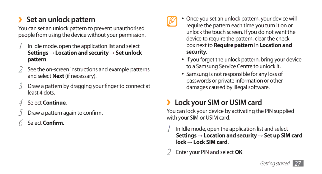 Samsung GT-I5800 user manual ›› Set an unlock pattern, ›› Lock your SIM or Usim card, Pattern, Lock → Lock SIM card 