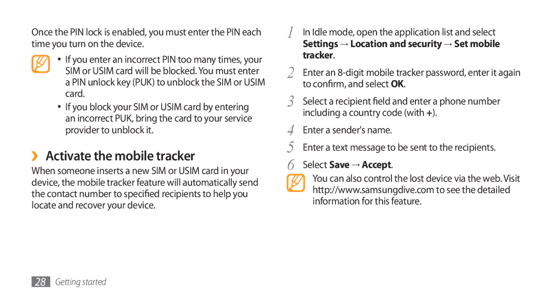 Samsung GT-I5800 user manual ›› Activate the mobile tracker, Tracker, Select Save → Accept 