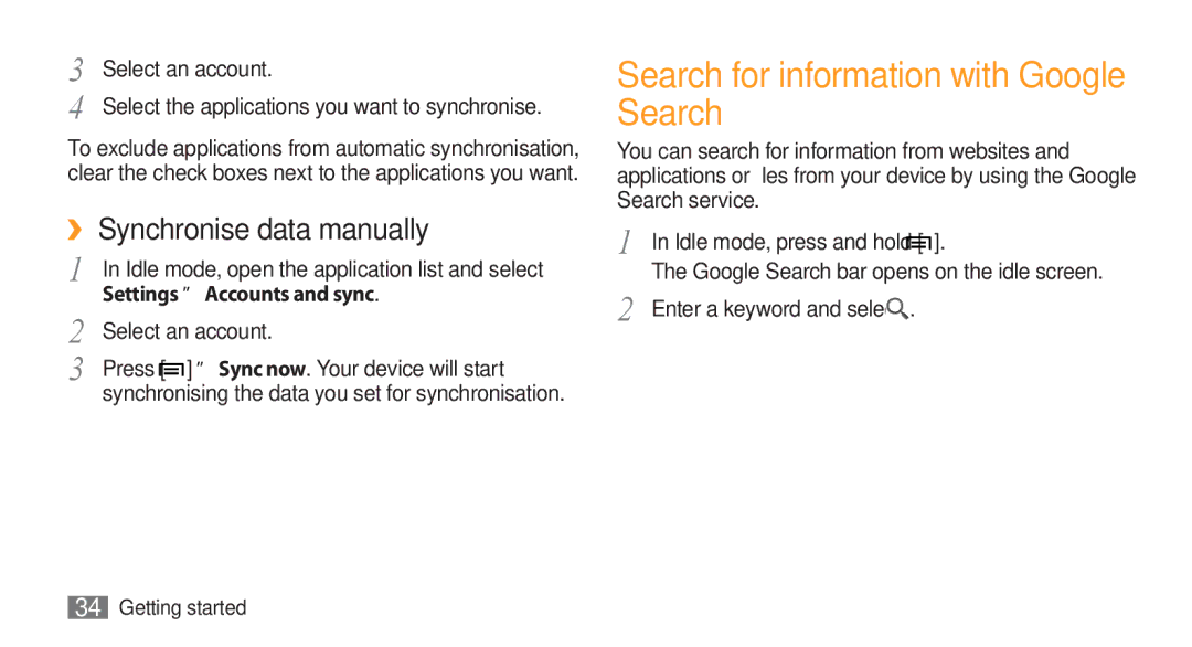Samsung GT-I5800 user manual Search for information with Google Search, ›› Synchronise data manually, Select an account 