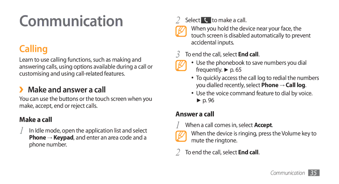 Samsung GT-I5800 user manual Communication, Calling, ›› Make and answer a call, Phone number Select 