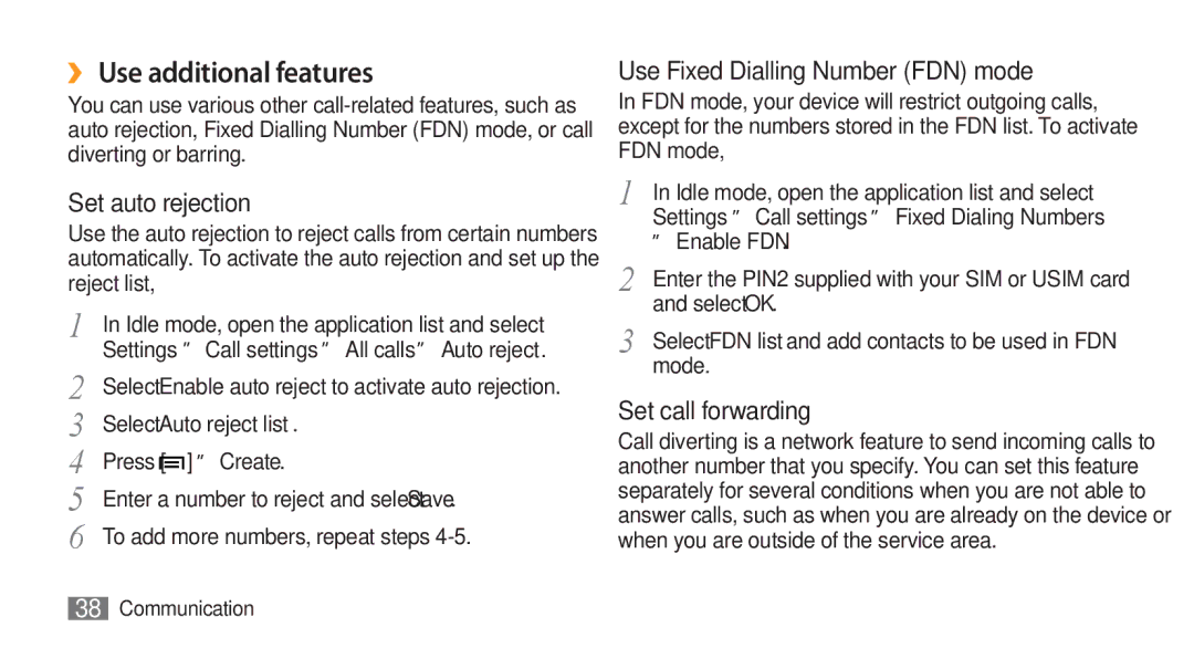 Samsung GT-I5800 user manual ›› Use additional features, Select Auto reject list, → Enable FDN 