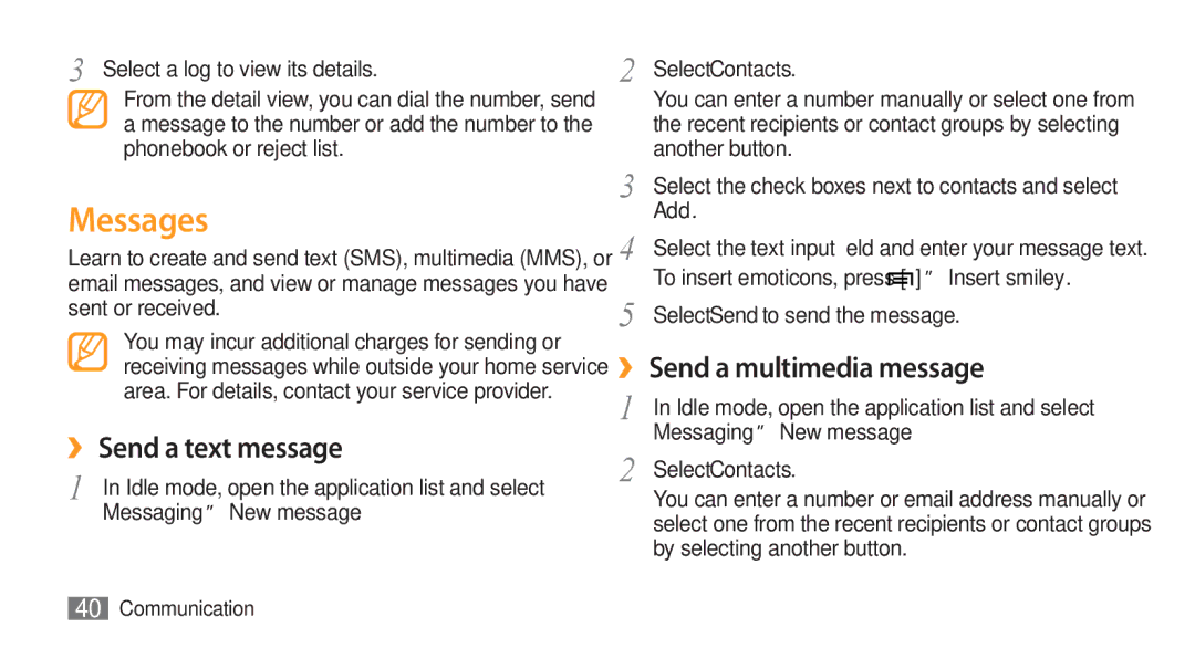 Samsung GT-I5800 user manual Messages, ›› Send a text message, ›› Send a multimedia message 