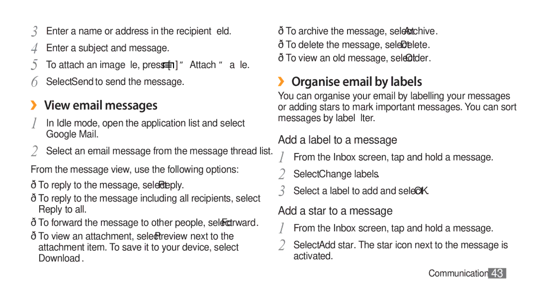 Samsung GT-I5800 user manual ›› View email messages, ›› Organise email by labels, Select Change labels, Activated 