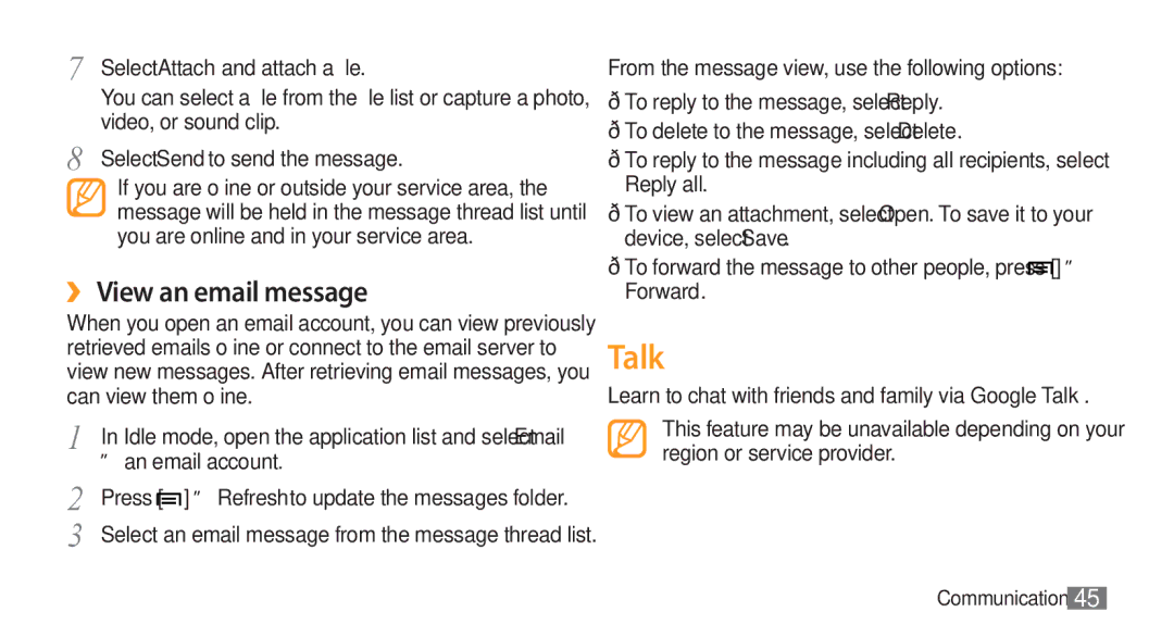 Samsung GT-I5800 user manual Talk, ›› View an email message 