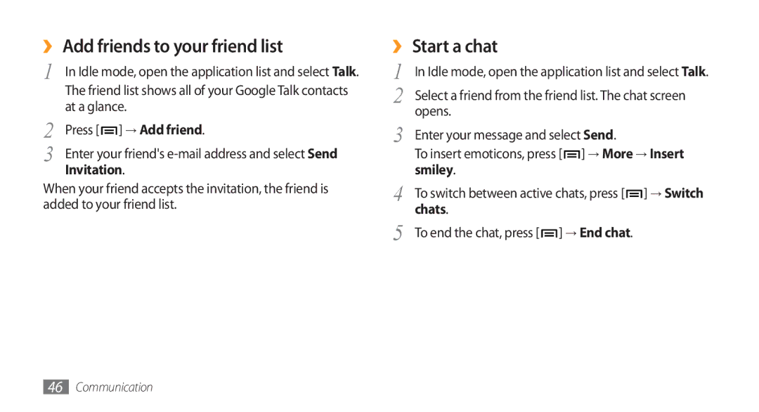 Samsung GT-I5800 user manual ›› Add friends to your friend list, ›› Start a chat, Invitation, Smiley, Chats 