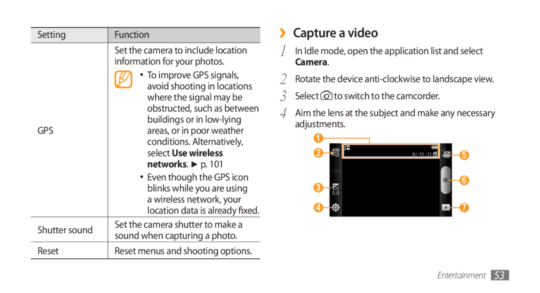 Samsung GT-I5800 user manual ›› Capture a video, Select Use wireless, Networks. p 