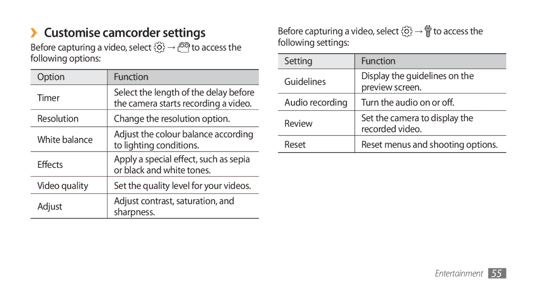 Samsung GT-I5800 user manual ›› Customise camcorder settings 