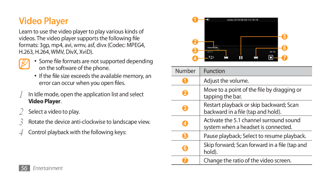 Samsung GT-I5800 Video Player, Control playback with the following keys, Pause playback Select to resume playback 