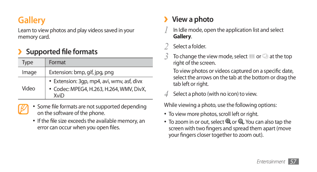 Samsung GT-I5800 user manual Gallery, ›› Supported file formats, ›› View a photo 