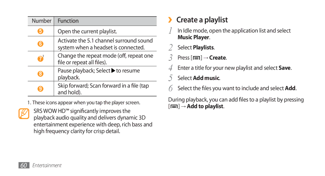 Samsung GT-I5800 ›› Create a playlist, Number Function Open the current playlist, Select Playlists, Select Add music 