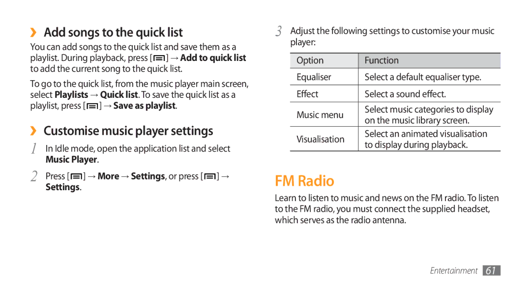 Samsung GT-I5800 user manual FM Radio, ›› Add songs to the quick list, ›› Customise music player settings, Settings 