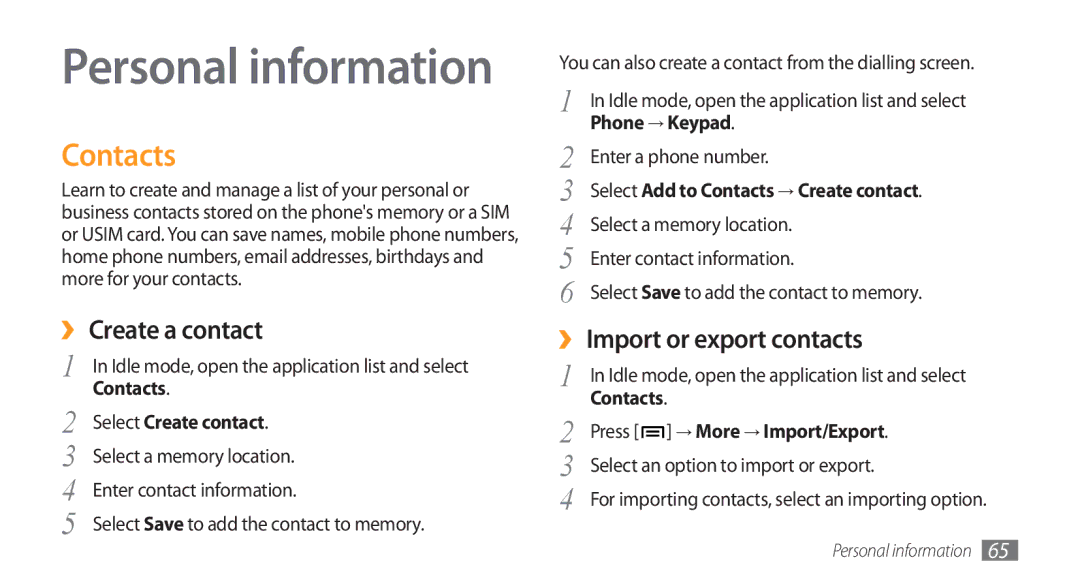 Samsung GT-I5800 user manual Contacts, ›› Create a contact, ›› Import or export contacts 