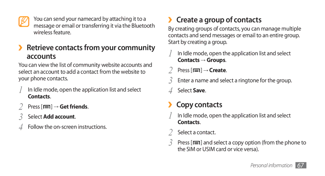 Samsung GT-I5800 Accounts, ›› Create a group of contacts, ›› Copy contacts, Select Add account, Contacts → Groups 