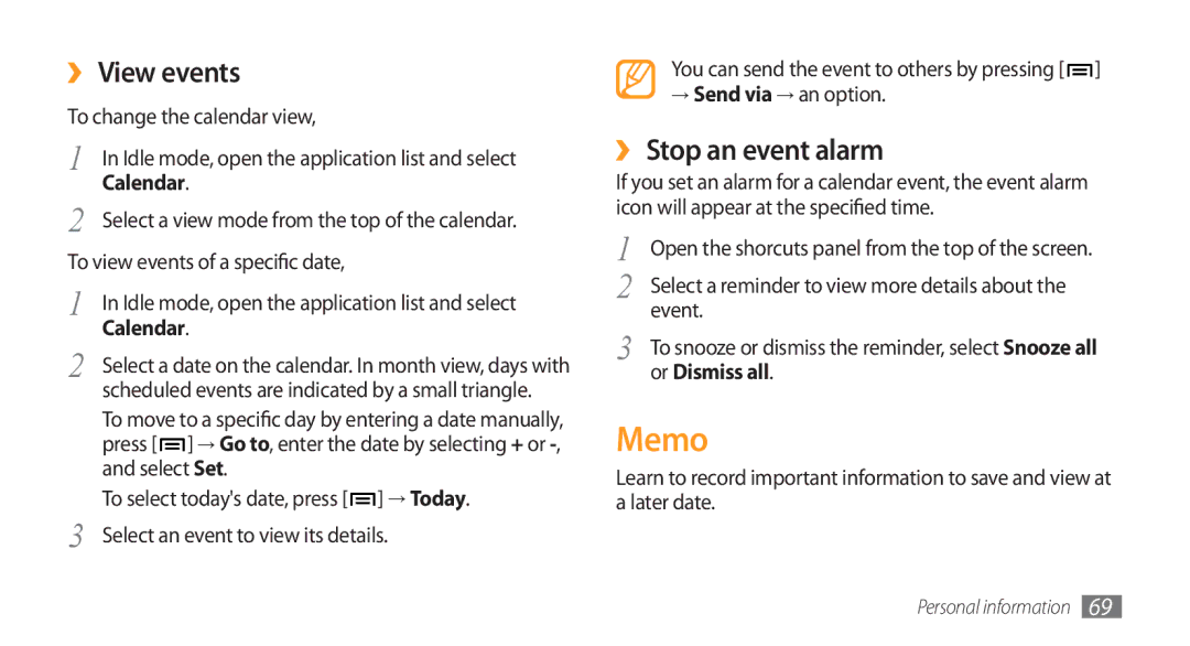 Samsung GT-I5800 user manual Memo, ›› View events, ›› Stop an event alarm, Or Dismiss all 