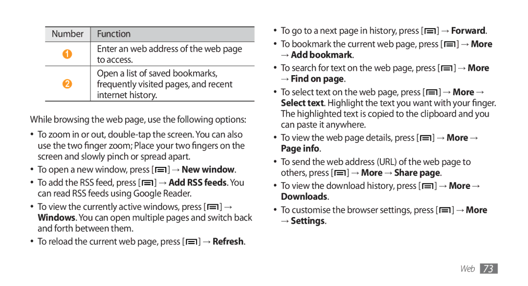 Samsung GT-I5800 user manual → Add bookmark, → Find on, To view the web page details, press → More → Page info 